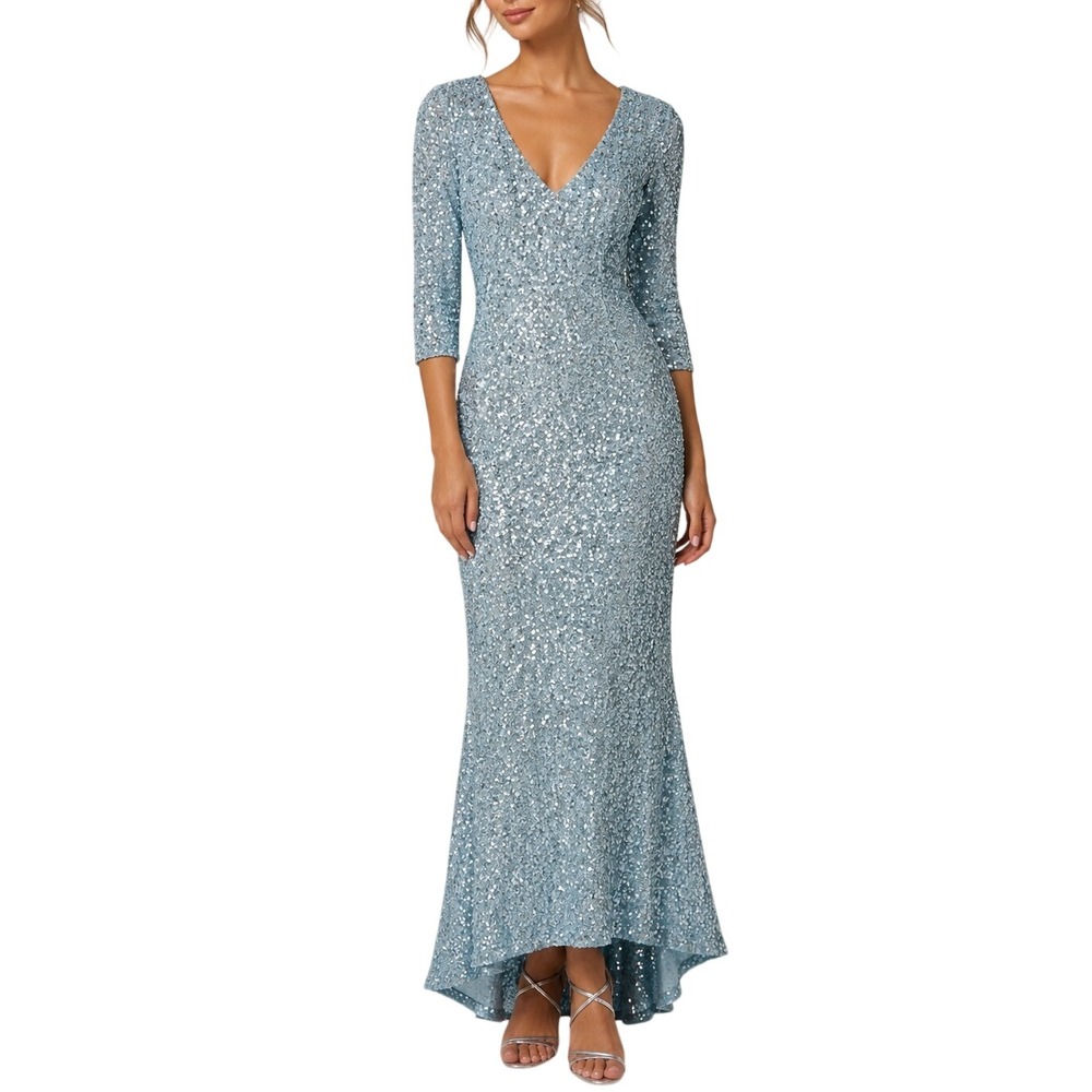 THEIA Heavy Sequined 3/4 Sleeve Gown Blue Sz 14 Formal Mother of the Bride Event
